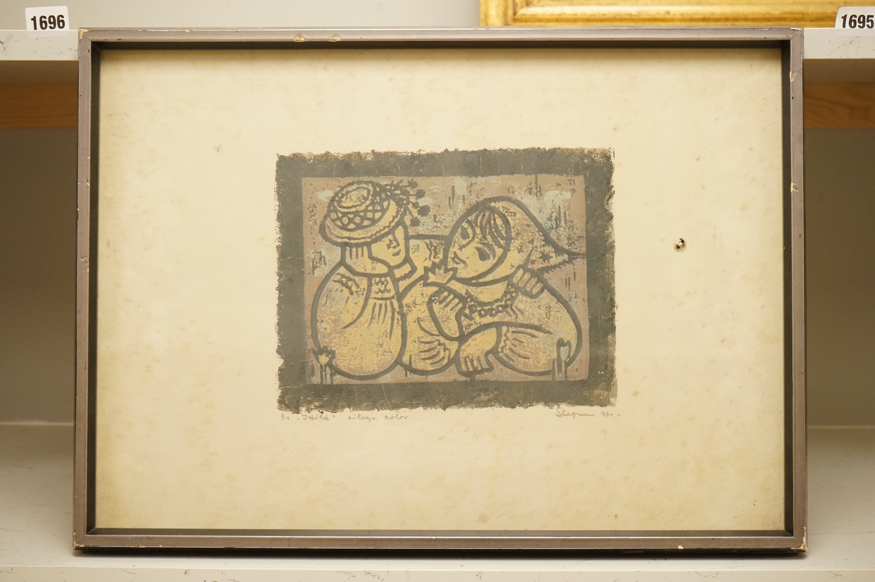 20th century School, Study of two figures, indistinctly signed and inscribed in pencil, colour lino cut, numbered 1/10 and dated ‘94., 34 x 48cm